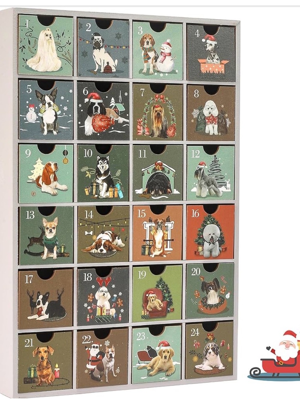 **NWOT** Holiday Wooden Dog Advent Drawer Set - Green/Multi /24 Drawers